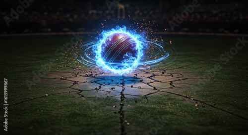 Cricket Ball Spinning in Blue Flames Above Cracked Stone Pitch in Dark Arena