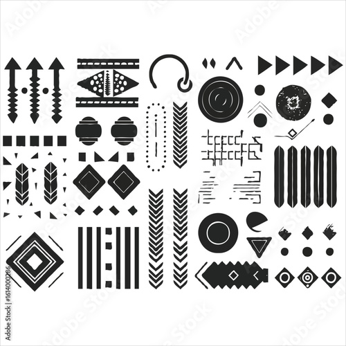 Collection of Black and White Tribal Vector Graphics A Variety of Geometric Shapes and Lines Creating an Abstract Design Celebrating Indigenous Cultures