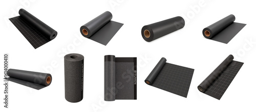Set of bitumen underlayment rolls isolated on transparent background; waterproof black rolls shown in different angles and textures in this isolated set roofing, insulation or building supply themes