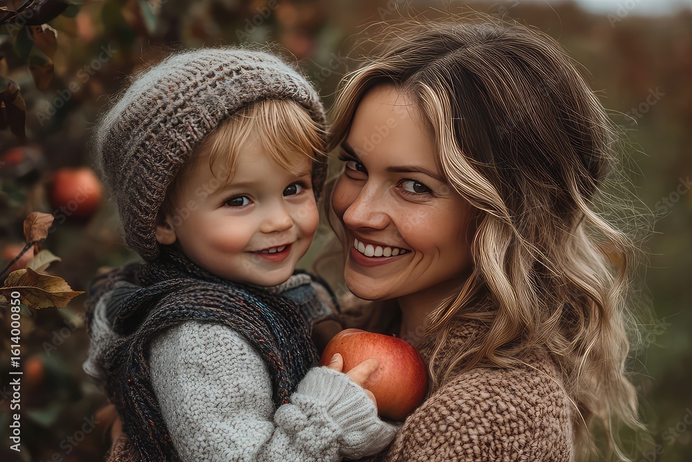 Obraz premium Mother and toddler picking apples at an orchard, sharing laughter and delicious snacks