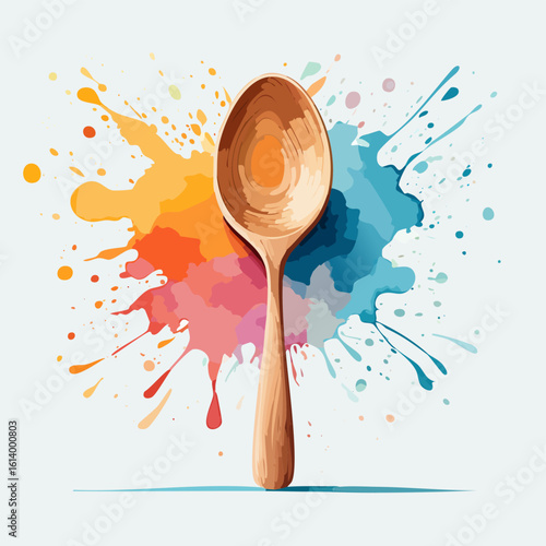 A single, upright wooden spoon with a prominent, stylized wood grain texture.