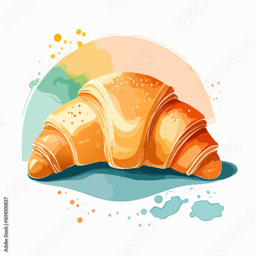 Artistic watercolor illustration of a delicious golden-brown croissant pastry.