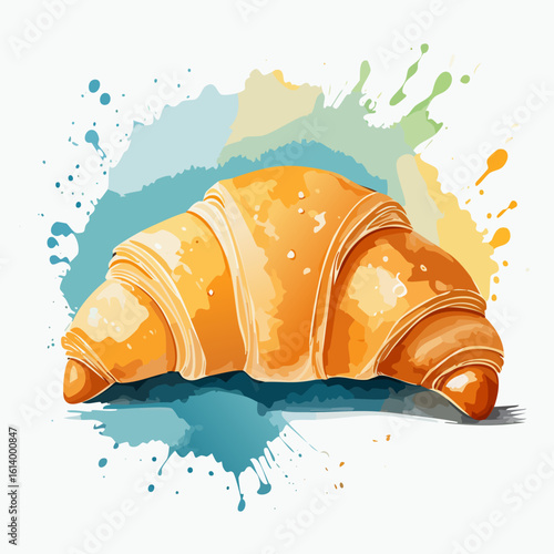 Vibrant watercolor illustration of a classic French croissant with flaky, golden layers.