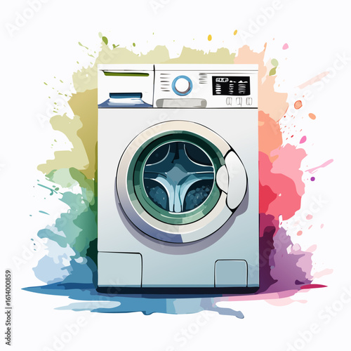 Stylized illustration of a modern white front-loading washing machine with a blue-tinted glass door.