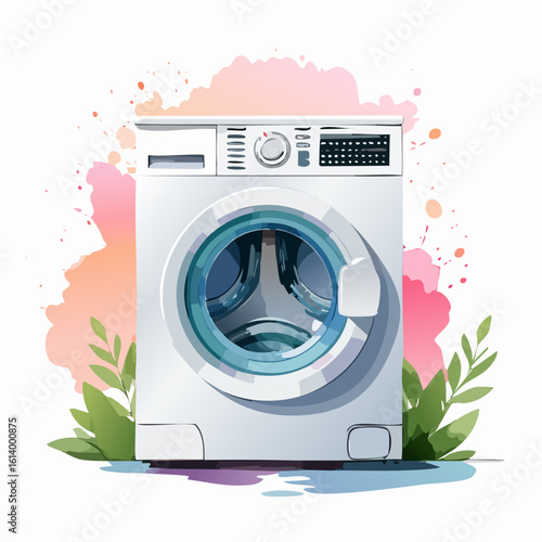 White front-load washer with a blue-tinted door, depicted in a clean, artistic watercolor style.