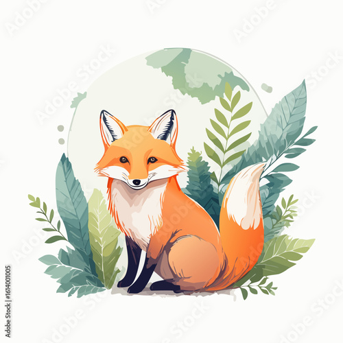 A friendly, smiling red fox with a bushy white-tipped tail, sitting in a stylized watercolor design with lush green leaves.