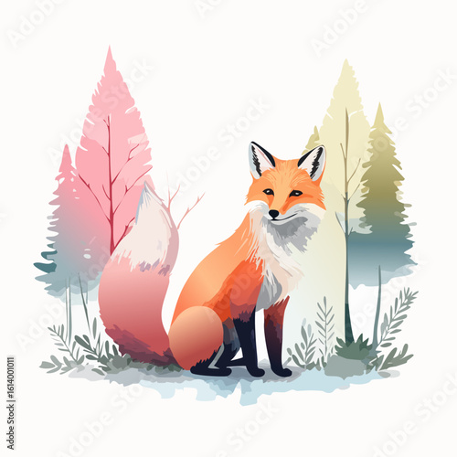 Stylized red fox with a clever expression and a large, fluffy, pink-hued tail.