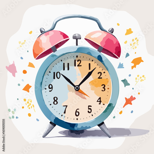 Vibrant watercolor illustration of a classic blue twin-bell alarm clock with pink bells.