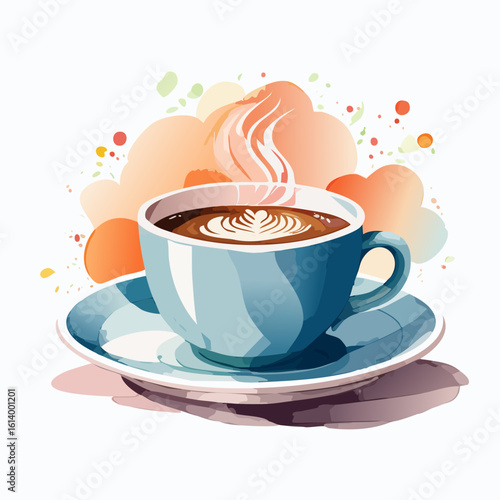 A steaming blue coffee cup with intricate rosetta latte art, depicted in a vibrant watercolor style.