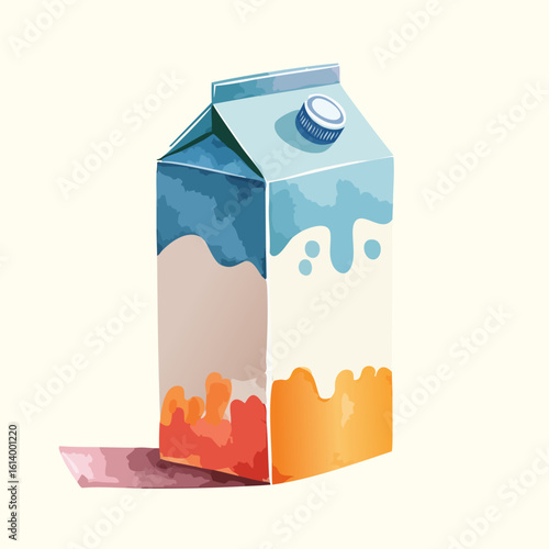 Colorful watercolor illustration of a milk carton with a blue screw cap and abstract design.