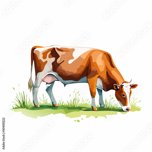 Stylized watercolor illustration of a brown and white dairy cow grazing on green grass.