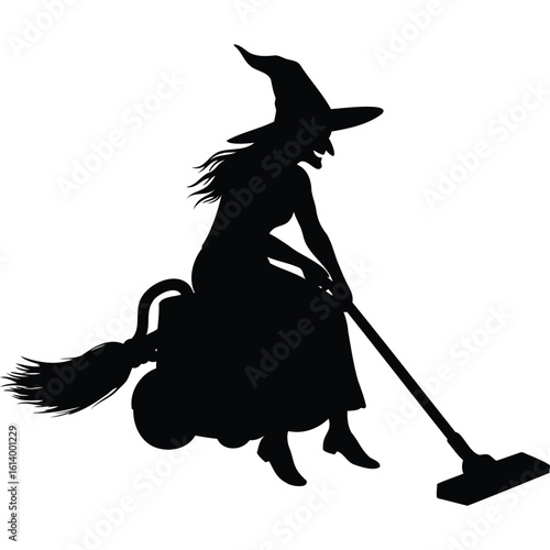 Silhouette Witch Vacuuming on Broomstick, Halloween Design