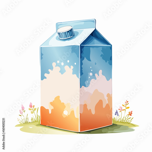 Stylized watercolor milk carton with a colorful blue and orange splash design.