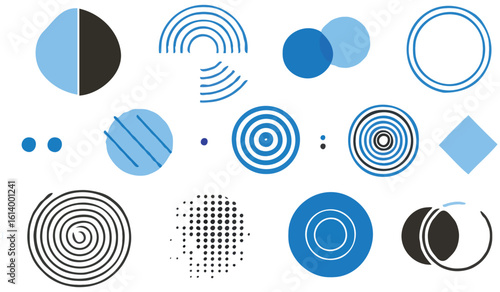 Geometric Arrangement of Circles Arcs and Patterns in Blue and Black a Dynamic Composition Evoking Modernity and Playfulness with a Focus on Simplistic Design Elements