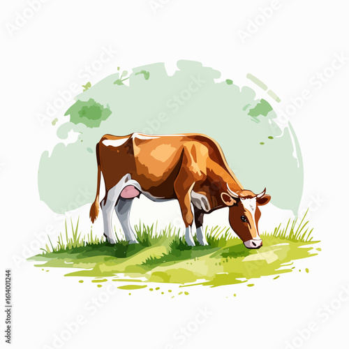 Vector illustration of a brown and white dairy cow with horns, peacefully grazing on a green pasture.