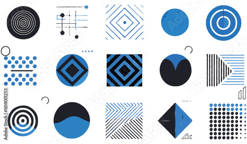 Geometric Harmony Artistic Composition an Abstract Collage Featuring Circles Squares and Triangles in Varied Blue and Black Tones for Visual Sophistication
