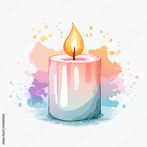 Lit pink and blue pillar candle in a watercolor sketch style with a glowing flame.