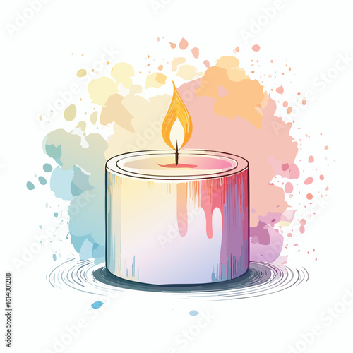 Artistic watercolor sketch of a lit pillar candle with colorful pastel drips and a bright, glowing flame.