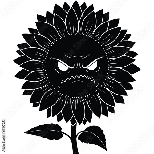 Angry Black Sunflower Silhouette, Floral Design Element,  Vector Illustration