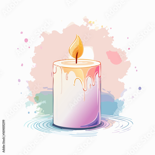 Watercolor illustration of a lit pastel pillar candle with melting wax and a glowing flame.
