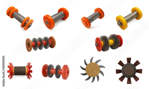 Set of pipeline cleaning pigs in various shapes and materials including brushes, discs and scrapers; designed to clean internal pipe surfaces in industrial flow systems and oil transport lines