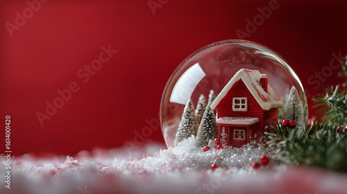 Winter Decoration Featuring a Miniature Red House Inside a Snow Globe With Ev...