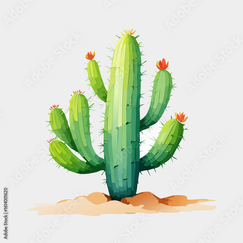 Stylized watercolor saguaro cactus with blooming orange flowers and spiky arms.