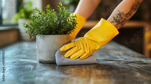 Cleaning a Table While Taking Care of a Potted Plant in a Bright Interior Space