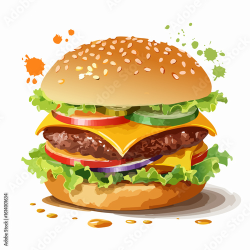 Juicy double cheeseburger illustration with sesame seed bun, melted cheese, lettuce, tomato, and onion. Stylized fast food with colorful splatters.