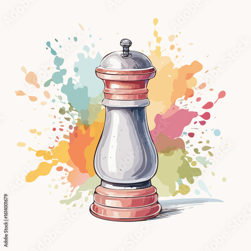 Classic pepper mill illustration with a white body, copper-colored accents, and a silver metal knob.