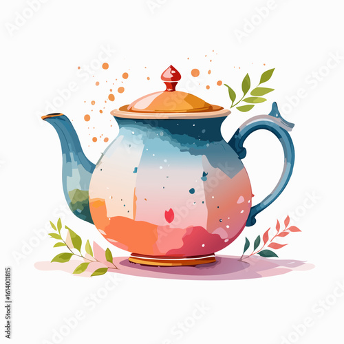 Elegant watercolor teapot with a colorful gradient, decorative splatters, and leafy accents.