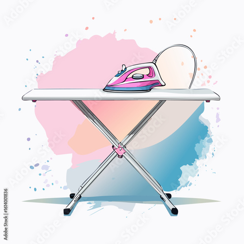 Artistic illustration of a pink and blue steam iron resting on a white ironing board.