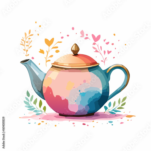 A charming watercolor teapot with a round body, painted in pink and blue splashes, featuring a golden lid and handle.