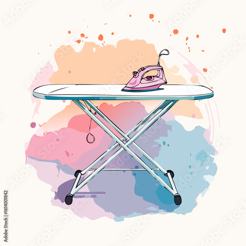 Artistic illustration of a pink electric iron resting on a white, foldable ironing board with a metal X-frame.