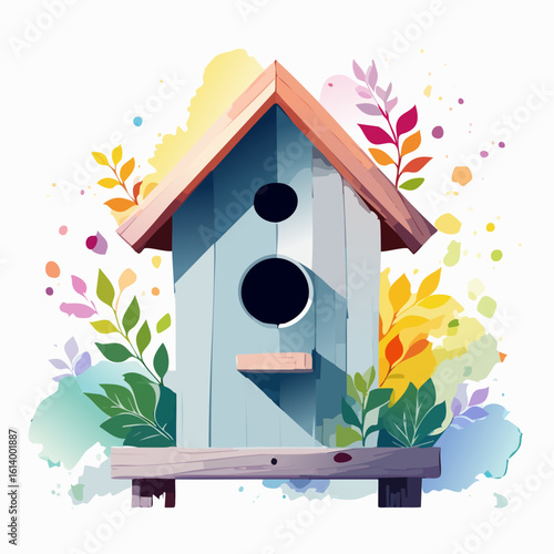 Charming blue wooden birdhouse with a brown roof, surrounded by colorful watercolor foliage and splashes of paint.