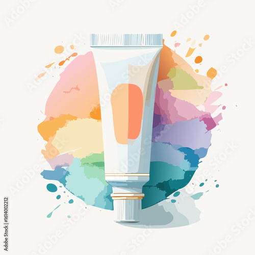 Stylized watercolor illustration of a white paint tube with a blank orange label and ribbed cap.