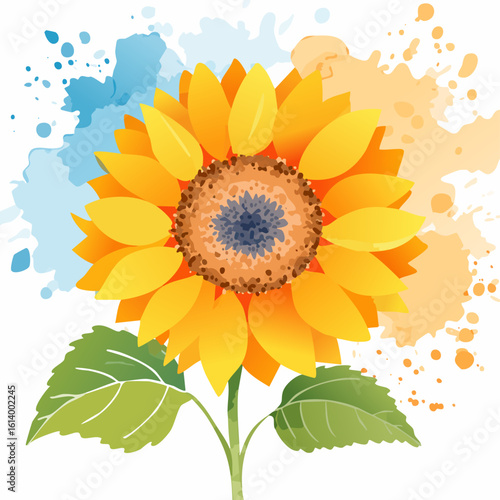 Vibrant sunflower illustration with golden-yellow petals, a detailed seed head, and green leaves in a painterly style.