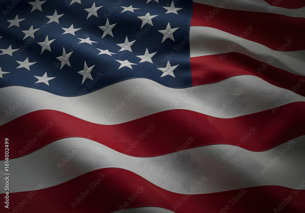 Fototapeta premium Dramatic Close-up of a Waving American Flag, Patriotism, National Pride, Textured Fabric, Dark Background.