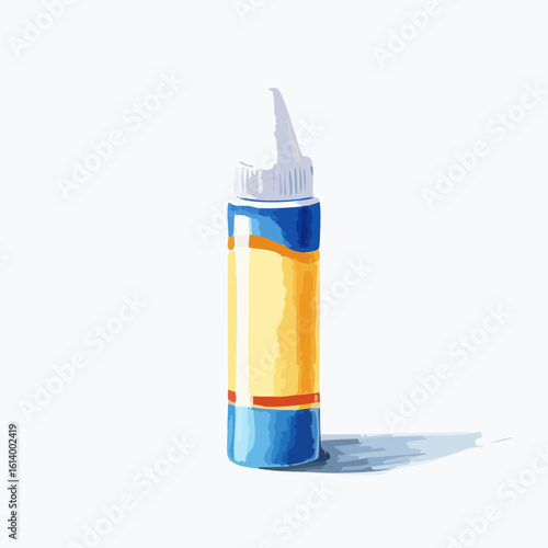 Colorful illustration of a plastic glue bottle with a blue body, yellow label, and white pointed applicator tip.