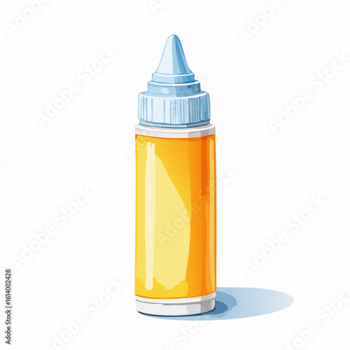 Illustrated plastic dropper bottle with a blue nozzle cap, filled with a vibrant golden-yellow liquid.