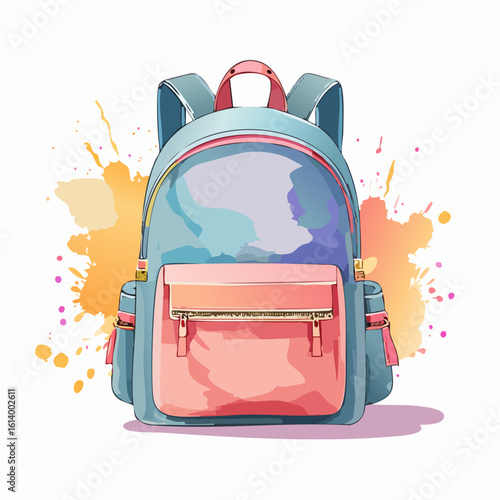 Artistic watercolor illustration of a pastel blue and pink school backpack with zippers.