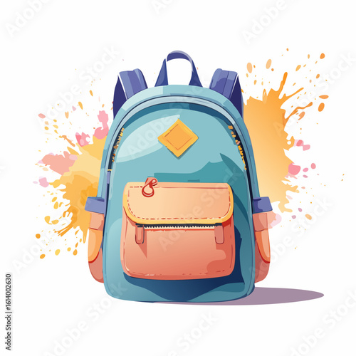 Colorful cartoon school backpack with a peach front pocket, zippered compartments, and a yellow diamond patch.