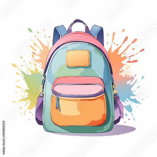 Stylized cartoon backpack in pastel colors with a front zipper pocket and stitched patch.