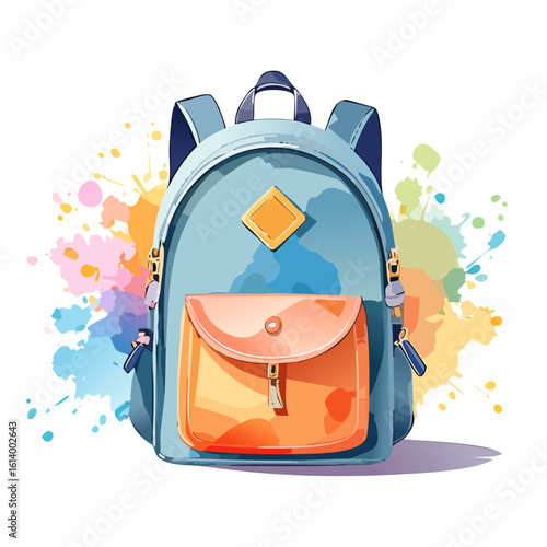 A vibrant, stylized illustration of a light blue school backpack with a bright orange front pocket and a yellow diamond patch.