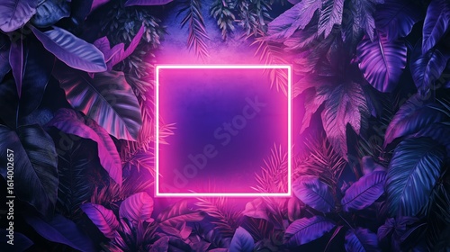 Neon Light Square Surrounded by Lush Tropical Leaves at Night in Vibrant Colors