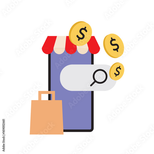 Marketplace app with a clean interface, seller dashboard, product listings, reviews, advanced filters, and mobile compatibility for online sales. Marketplace app design vector illustration with icons.