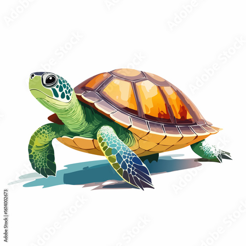 Vibrant green sea turtle illustration with a golden-orange shell and patterned flippers.
