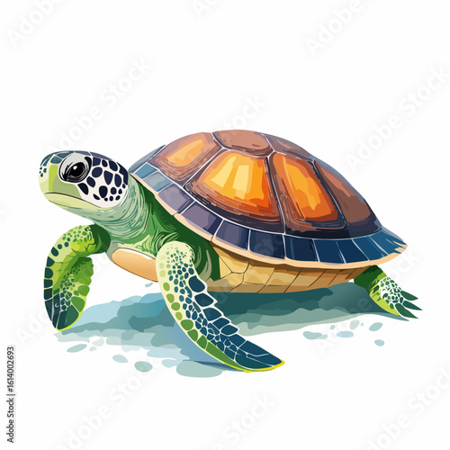 A beautifully illustrated green sea turtle with a patterned head and a glossy orange shell.