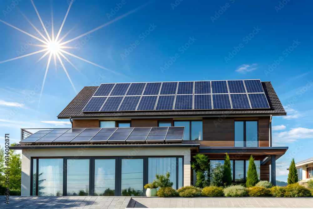 Fototapeta premium Modern House with Solar Panels and Large Windows in Sunny Eco-Friendly Landscape