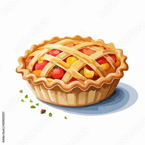 A freshly baked fruit pie with a golden-brown lattice crust and a colorful mixed berry and fruit filling, presented in a stylized illustration.